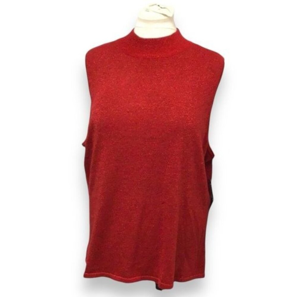 Investments II Women’s Mock Neck Red Sparkle Knit Sweater Top Sleeveless 2X NWT